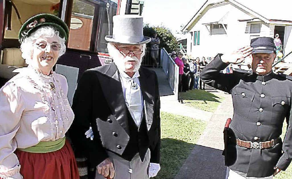 Bill and Barbara Moore (aka Prime Minister Andrew Fisher and his wife) arrive for the activities at the Andrew Fisher Day activities at the Gympie Gold Mining and Historical Museum which honour the Gympie miner who went on to become Australia’s first elected Labor prime minister. Bill and Barbara Moore (aka Prime Minister Andrew Fisher and his wife) arrive for the activities at the Andrew Fisher Day activities at the Gympie Gold Mining and Historical Museum which honour the Gympie miner who went on to become Australia’s first elected Labor prime minister.